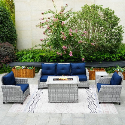 Set di divani da giardino in vimini da 5 pezzi con tavolo con braciere e copertura antipioggia