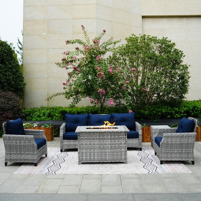 Set di divani da giardino in vimini da 5 pezzi con tavolo con braciere e copertura antipioggia