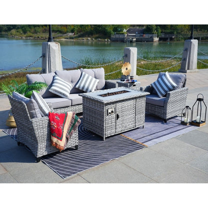 Set di divani da giardino in vimini da 5 pezzi con tavolo con braciere e copertura antipioggia