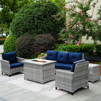 Set di divani da giardino in vimini da 5 pezzi con tavolo con braciere e copertura antipioggia