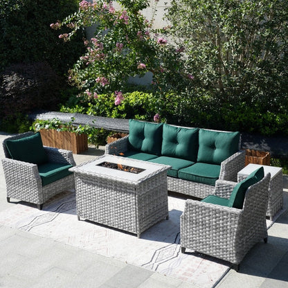 Set di divani da giardino in vimini da 5 pezzi con tavolo con braciere e copertura antipioggia