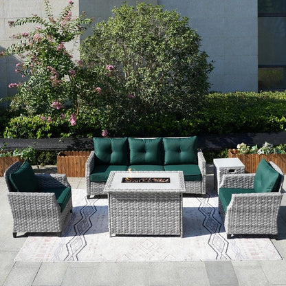 Set di divani da giardino in vimini da 5 pezzi con tavolo con braciere e copertura antipioggia