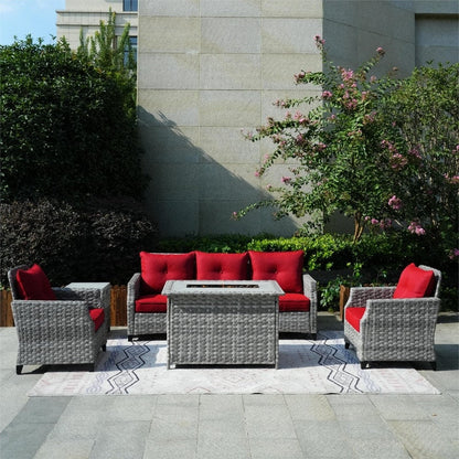 Set di divani da giardino in vimini da 5 pezzi con tavolo con braciere e copertura antipioggia