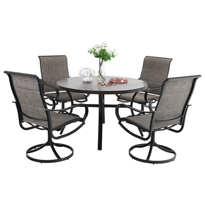 Set da pranzo per esterni da 5 pezzi, 4 sedie girevoli imbottite in schiuma ad asciugatura rapida e 44 tavoli rotondi in metallo effetto legno