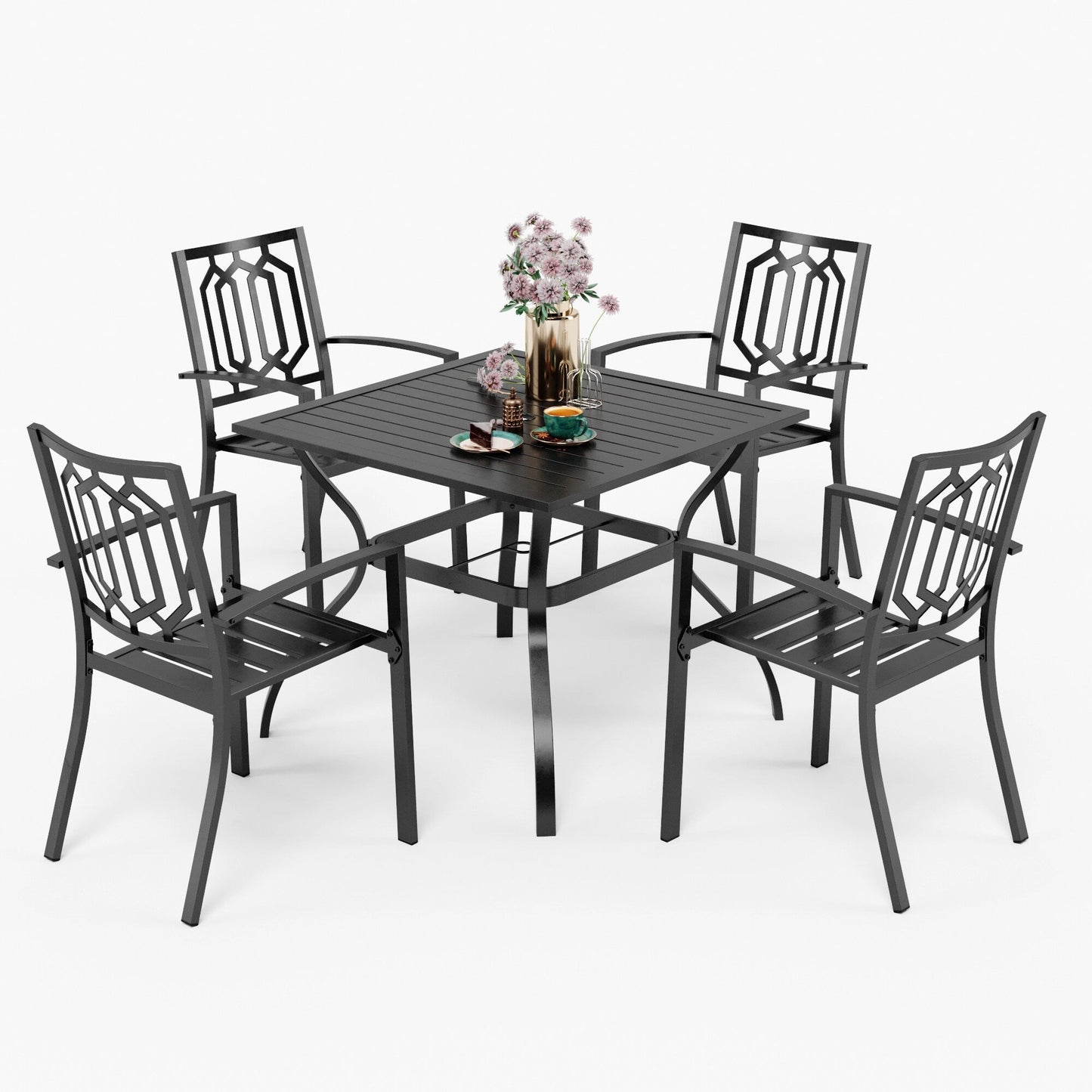 Set da pranzo per patio con rivestimento E da 5 pezzi e sedie impilabili