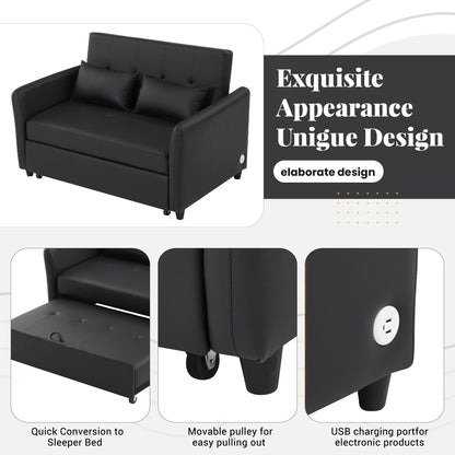 Divano letto trasformabile in PU da 51,57 pollici con 3 porte USB, capacità di carico di 400 libbre e meccanismo letto estraibile