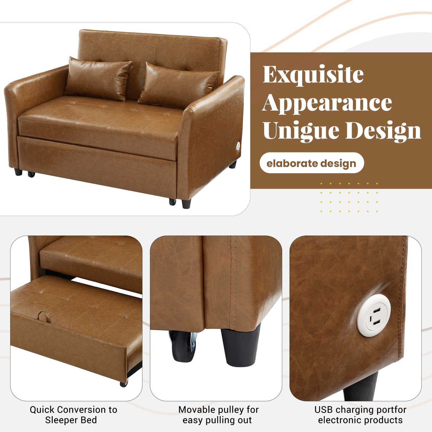 Divano letto trasformabile in PU da 51,57 pollici con 3 porte USB, capacità di carico di 400 libbre e meccanismo letto estraibile