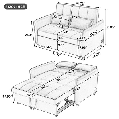 Divano letto trasformabile in PU da 51,57 pollici con 3 porte USB, capacità di carico di 400 libbre e meccanismo letto estraibile