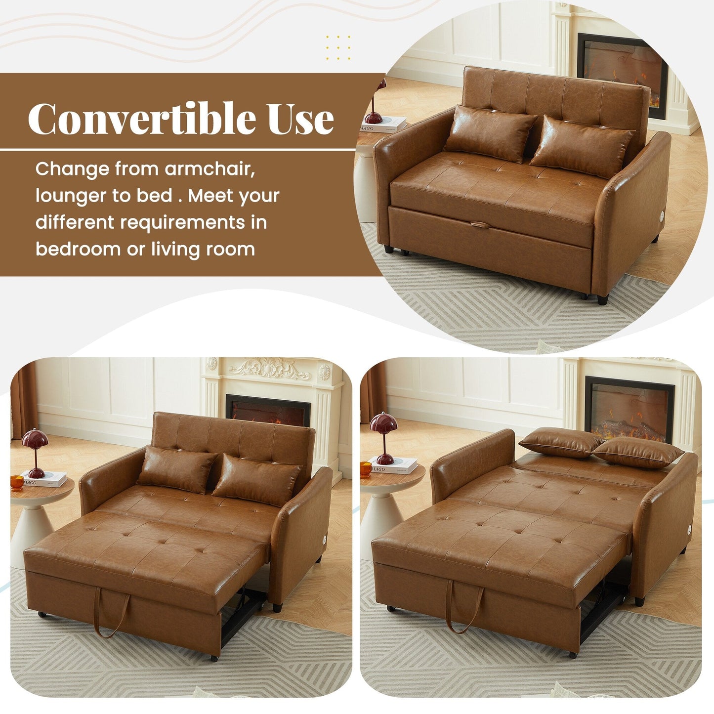 Divano letto trasformabile in PU da 51,57 pollici con 3 porte USB, capacità di carico di 400 libbre e meccanismo letto estraibile