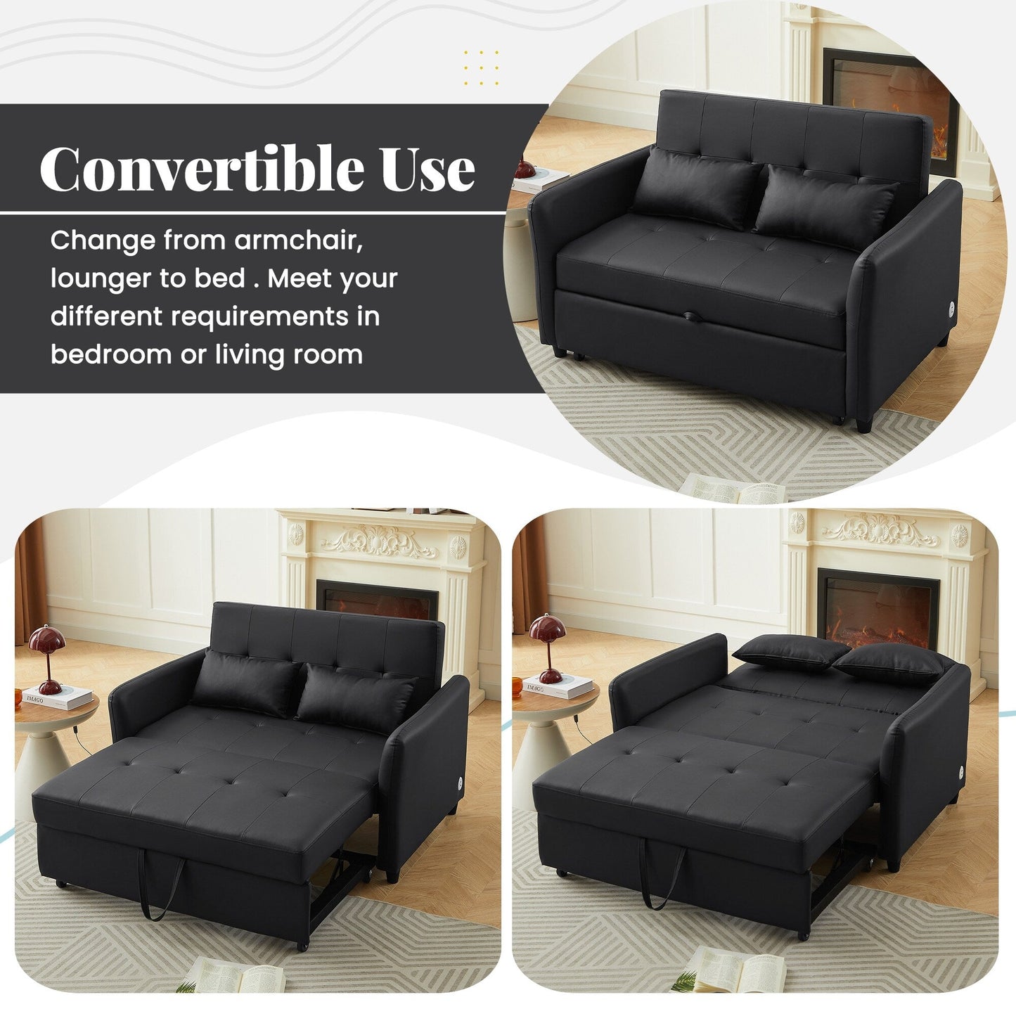 Divano letto trasformabile in PU da 51,57 pollici con 3 porte USB, capacità di carico di 400 libbre e meccanismo letto estraibile