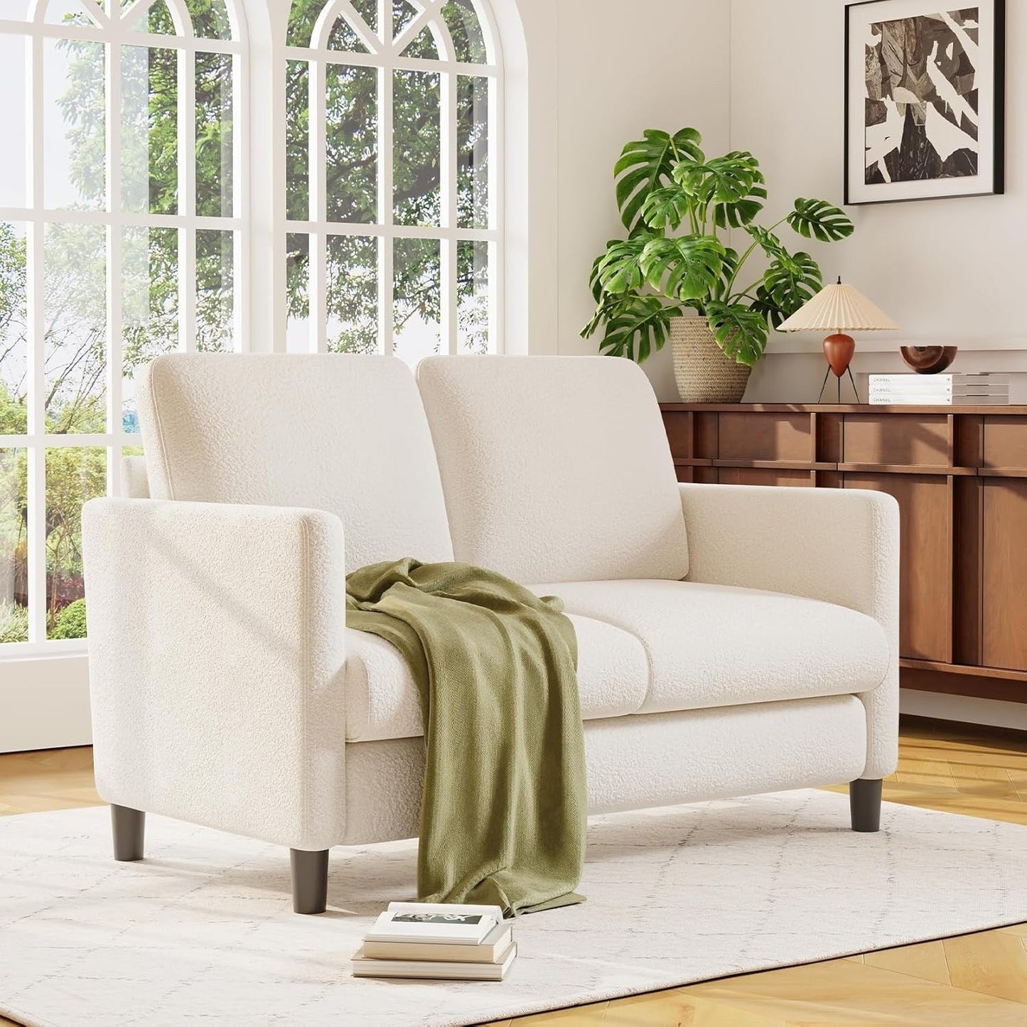 Divano a due posti Teddy 51 Comfy per piccoli spazi - Struttura interamente in legno, montaggio senza attrezzi, per camera da letto e soggiorno, beige