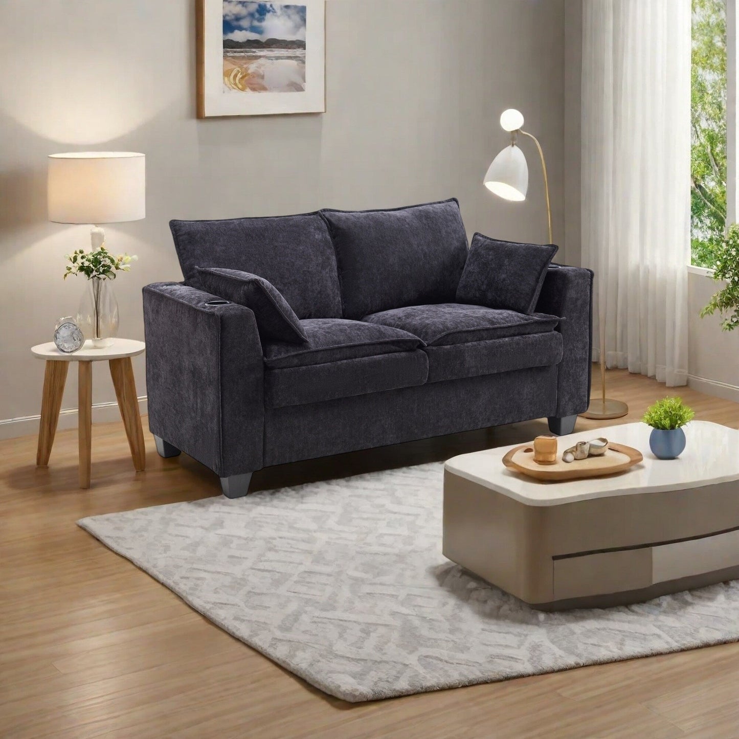 Divano letto a 2 posti in compensato da 52,36 pollici con topper in memory foam, struttura del letto con doghe in legno massello e portabicchieri