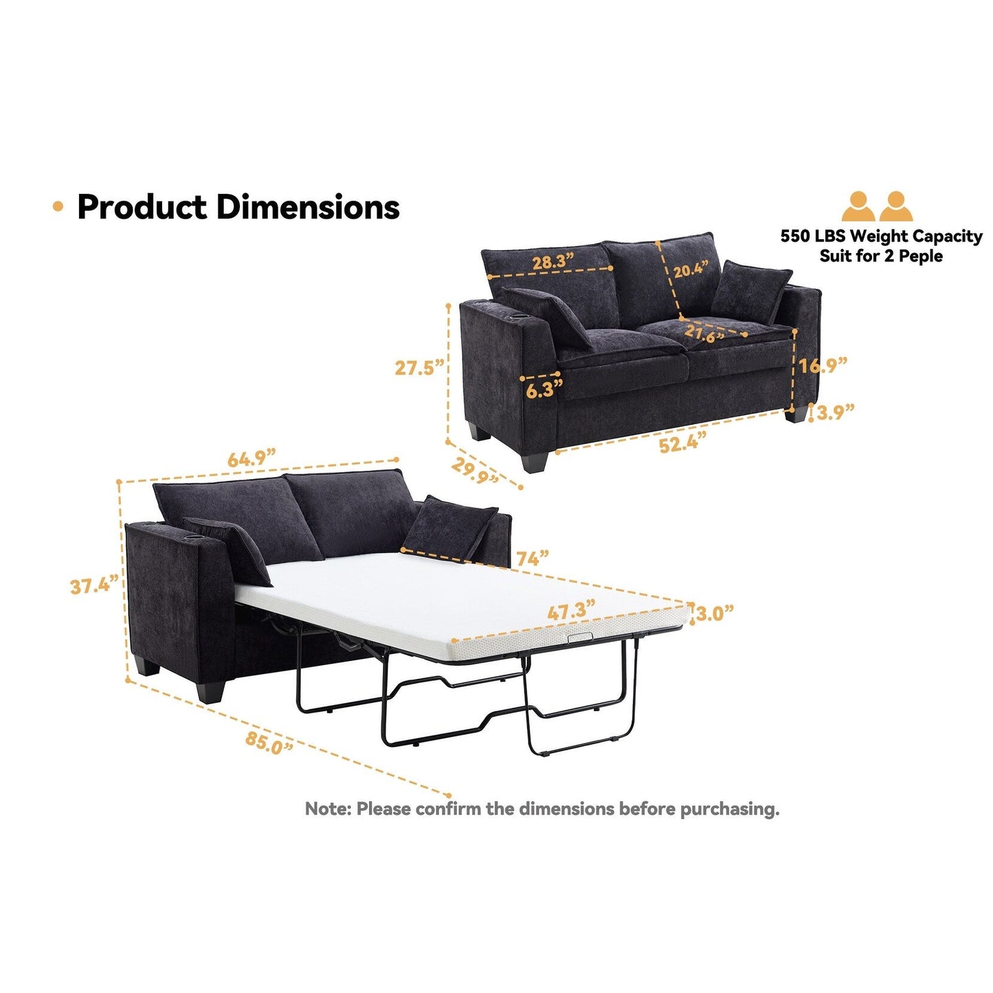Divano letto a 2 posti in compensato da 52,36 pollici con topper in memory foam, struttura del letto con doghe in legno massello e portabicchieri