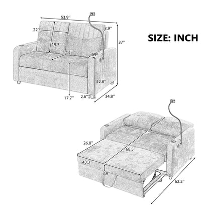 Divano a due posti convertibile in ciniglia da 53,9 pollici con letto estraibile, 3 porte USB e spazio di archiviazione intelligente