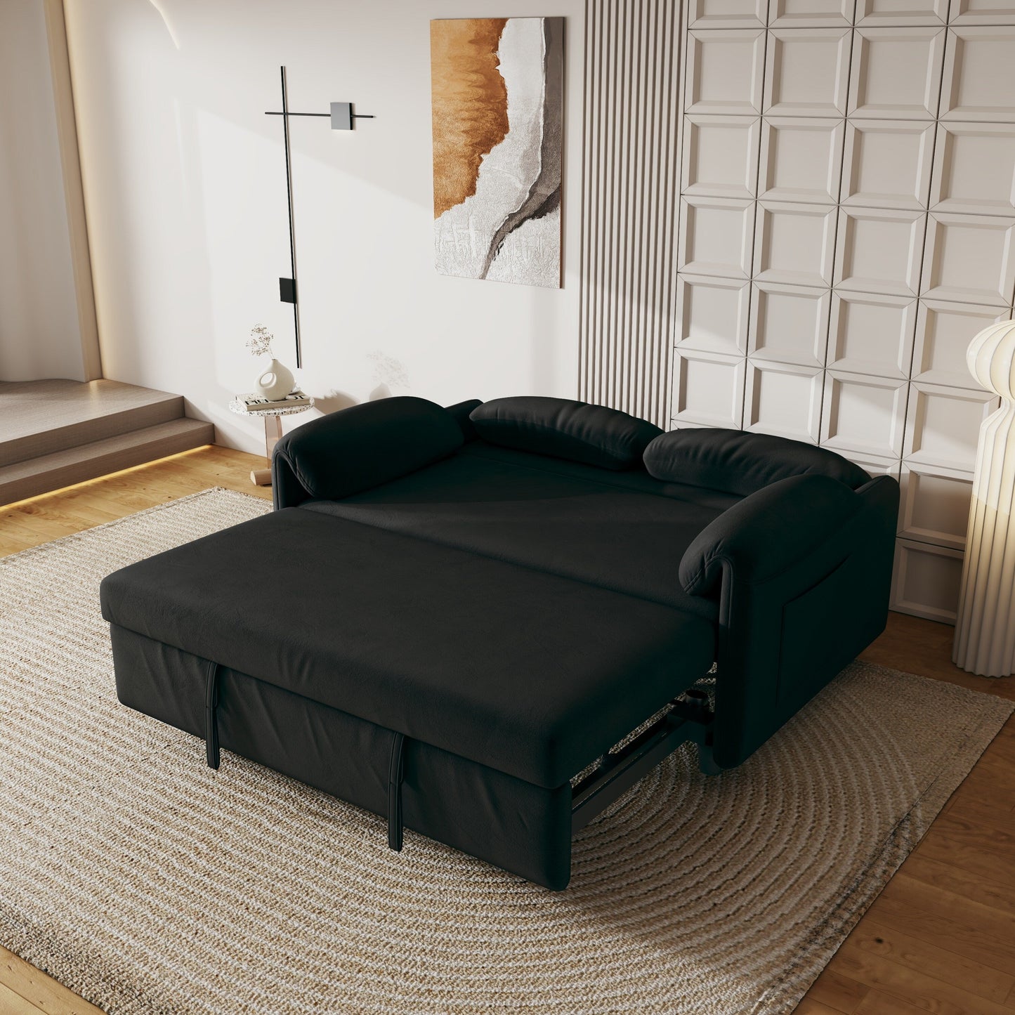 Divano letto in velluto da 54 pollici - Design multiuso con letto matrimoniale retrattile e braccioli portaoggetti