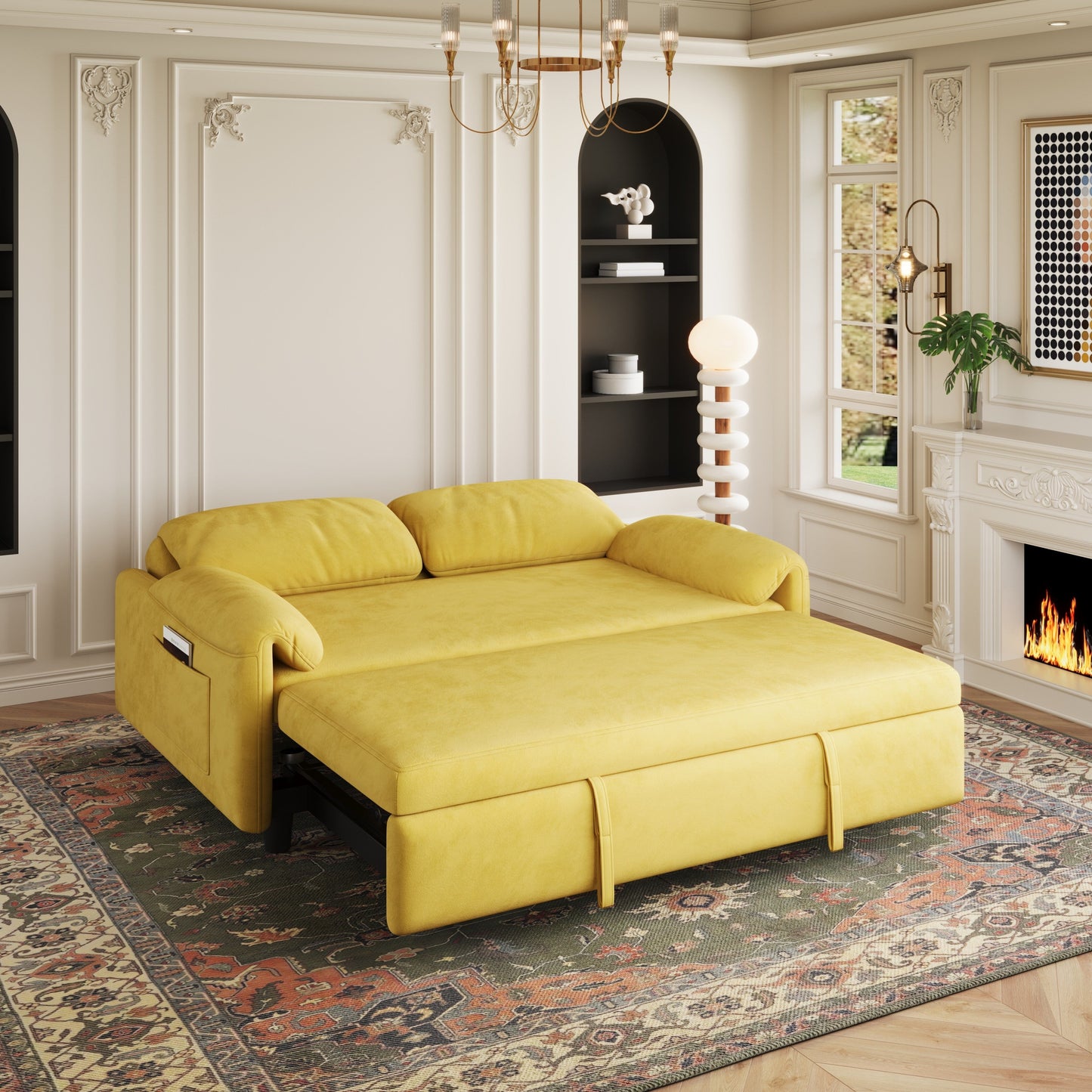 Divano letto in velluto da 54 pollici - Design multiuso con letto matrimoniale retrattile e braccioli portaoggetti