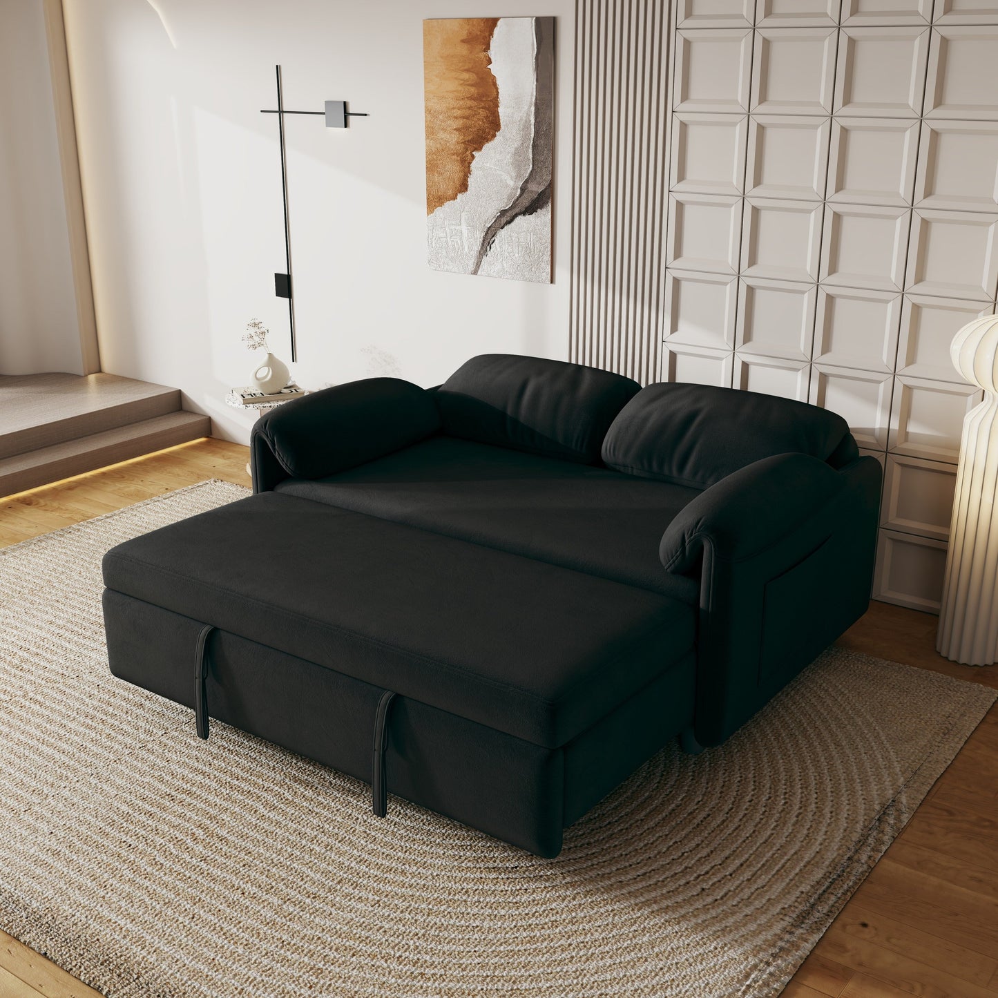 Divano letto in velluto da 54 pollici - Design multiuso con letto matrimoniale retrattile e braccioli portaoggetti