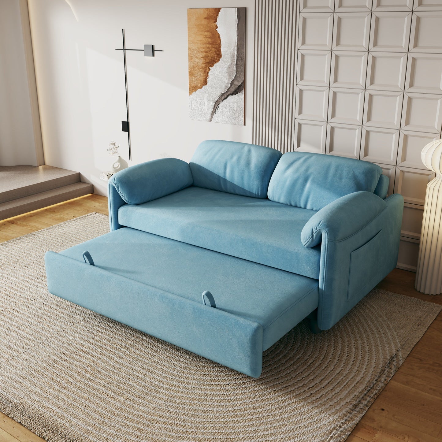 Divano letto in velluto da 54 pollici - Design multiuso con letto matrimoniale retrattile e braccioli portaoggetti