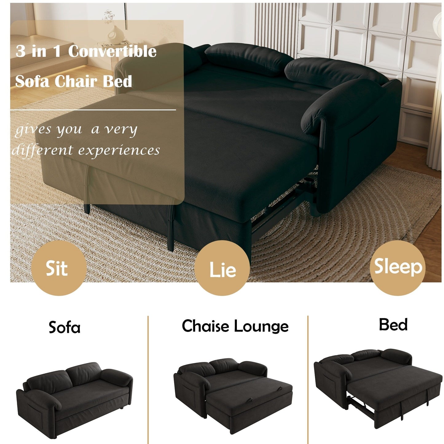 Divano letto in velluto da 54 pollici - Design multiuso con letto matrimoniale retrattile e braccioli portaoggetti