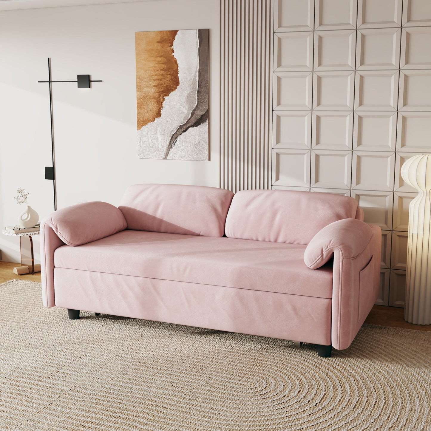 Divano letto in velluto da 54 pollici - Design multiuso con letto matrimoniale retrattile e braccioli portaoggetti