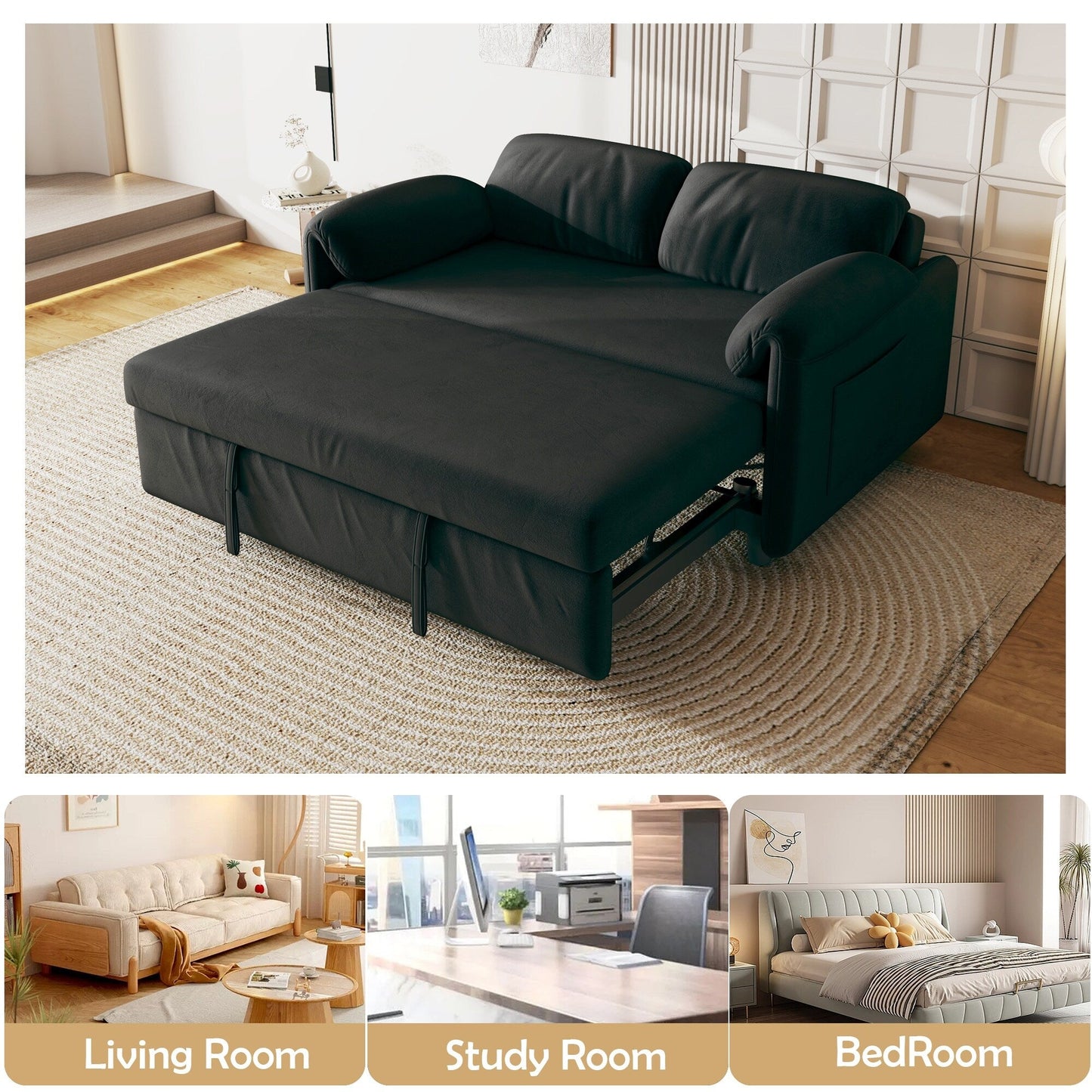 Divano letto in velluto da 54 pollici - Design multiuso con letto matrimoniale retrattile e braccioli portaoggetti