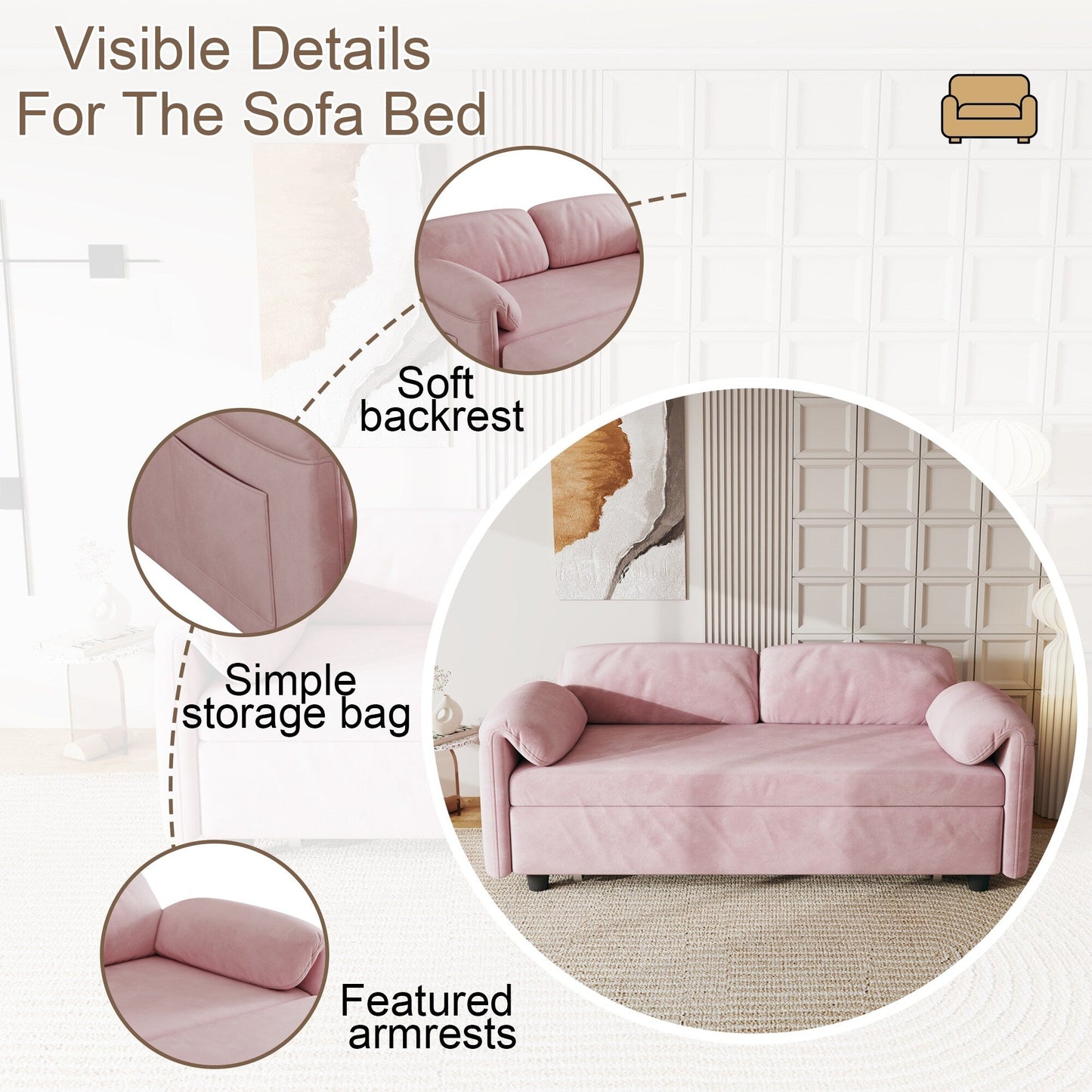 Divano letto in velluto da 54 pollici - Design multiuso con letto matrimoniale retrattile e braccioli portaoggetti