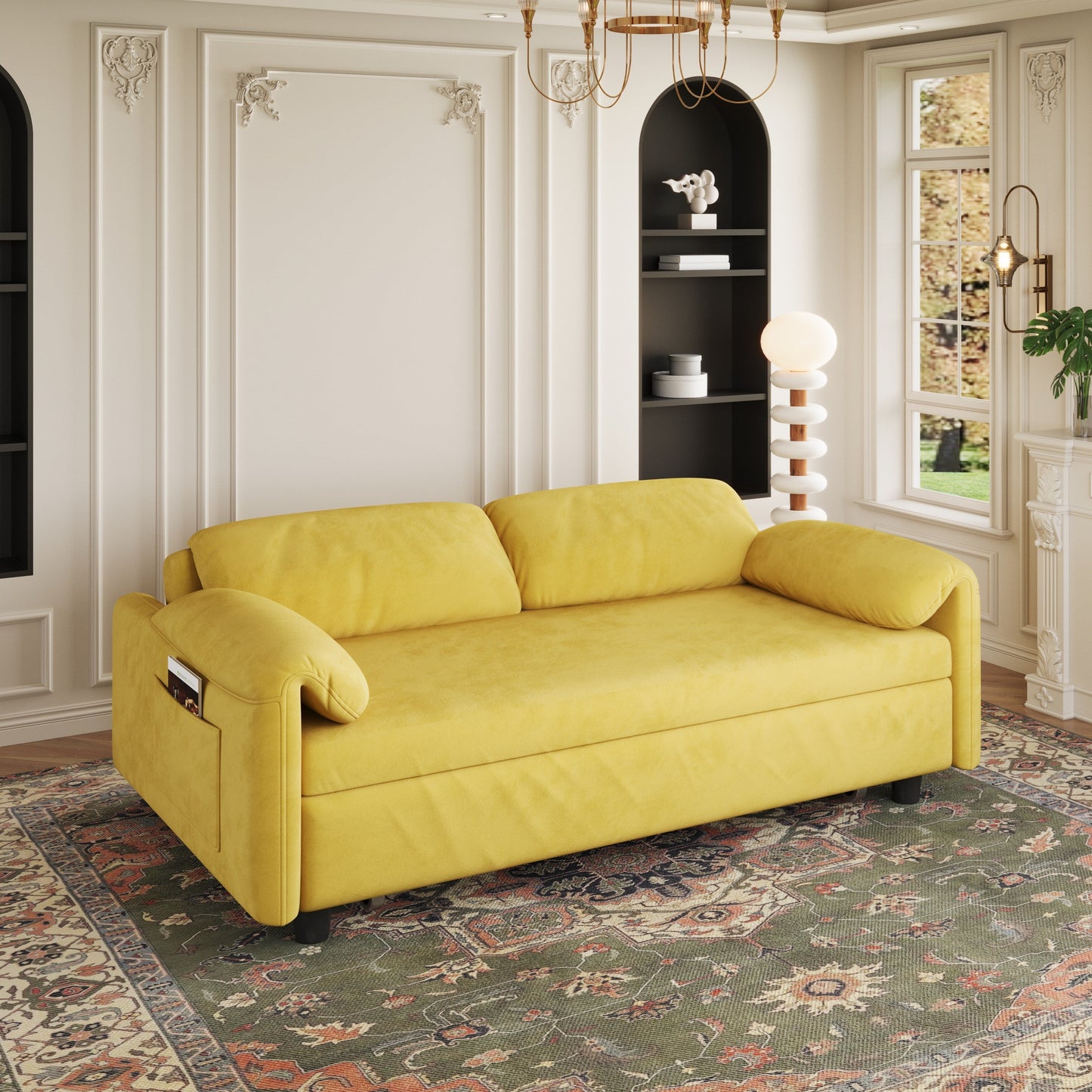Divano letto in velluto da 54 pollici - Design multiuso con letto matrimoniale retrattile e braccioli portaoggetti