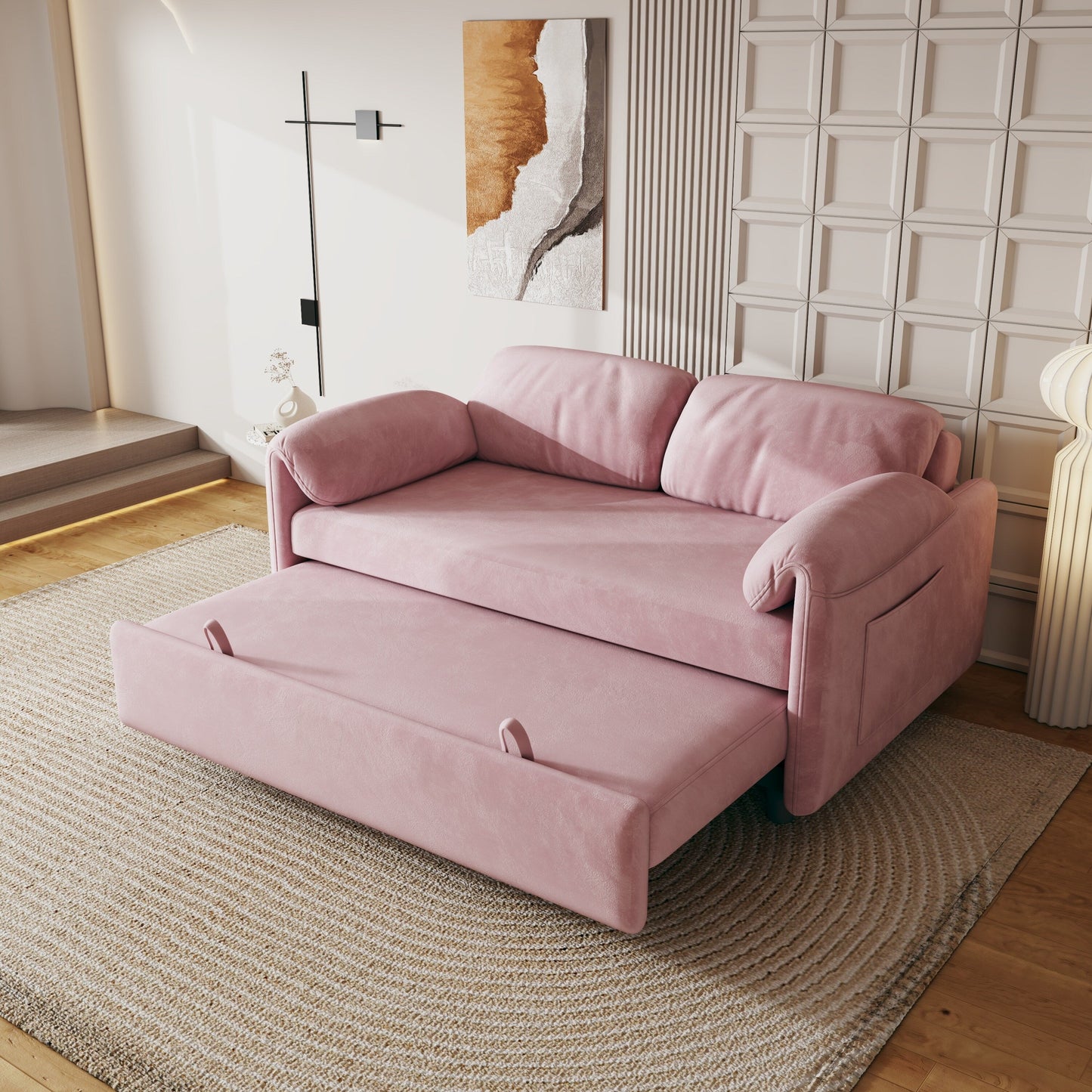 Divano letto in velluto da 54 pollici - Design multiuso con letto matrimoniale retrattile e braccioli portaoggetti