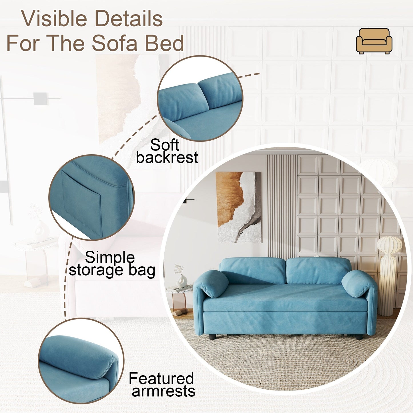 Divano letto in velluto da 54 pollici - Design multiuso con letto matrimoniale retrattile e braccioli portaoggetti