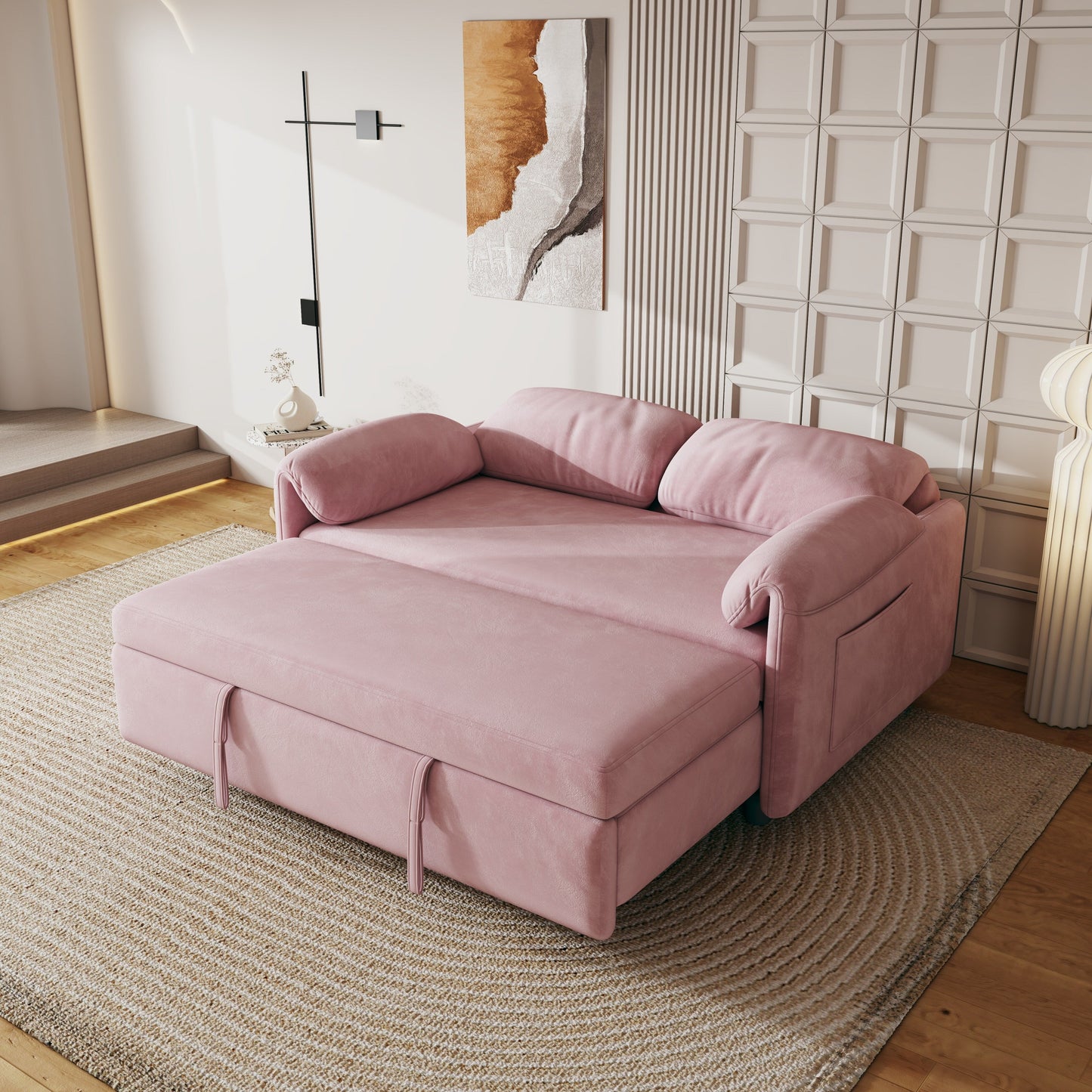 Divano letto in velluto da 54 pollici - Design multiuso con letto matrimoniale retrattile e braccioli portaoggetti