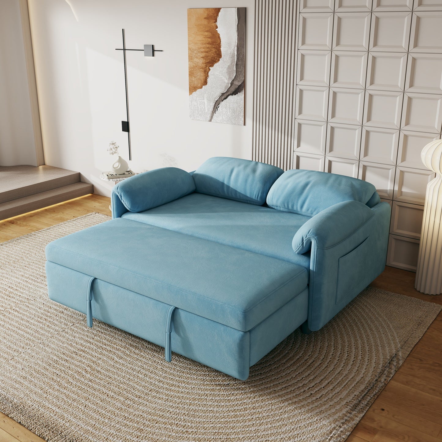 Divano letto in velluto da 54 pollici - Design multiuso con letto matrimoniale retrattile e braccioli portaoggetti