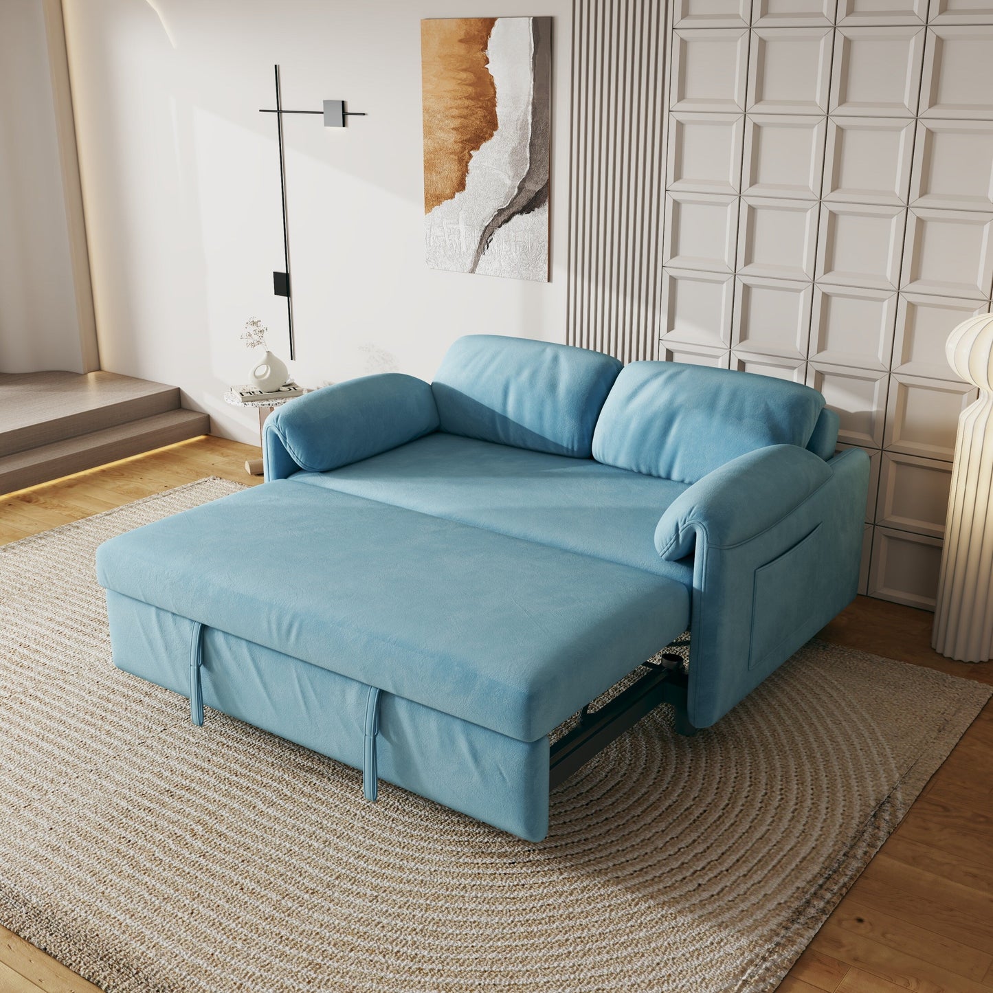 Divano letto in velluto da 54 pollici - Design multiuso con letto matrimoniale retrattile e braccioli portaoggetti