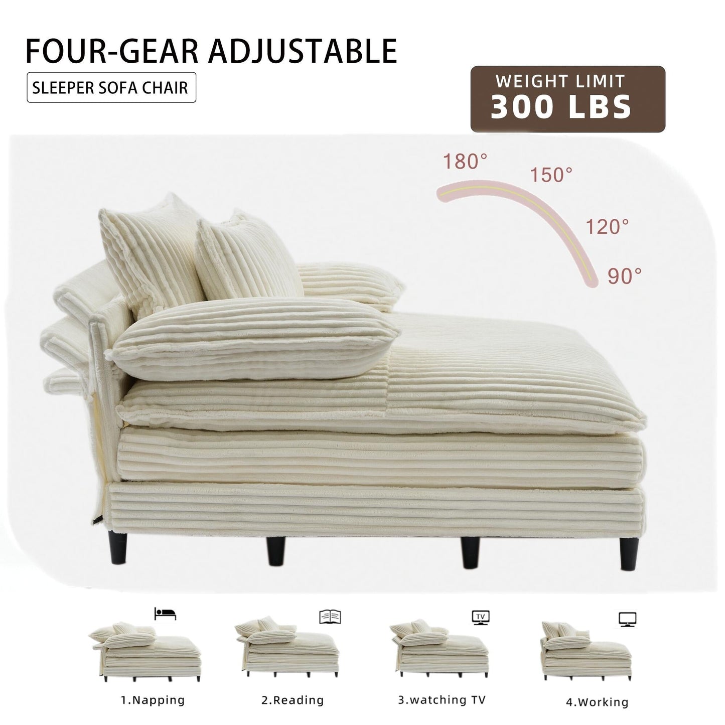 Poltrona chaise longue oversize da 54,75 W, divano letto imbottito e soffice con 2 cuscini