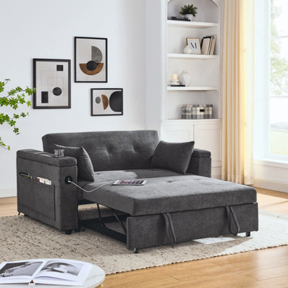 Divano letto reclinabile a due posti con braccioli, contenitore e tasche laterali, con presa di corrente USB.