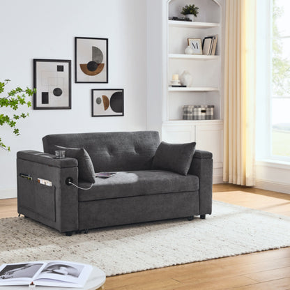 Divano letto reclinabile a due posti con braccioli, contenitore e tasche laterali, con presa di corrente USB.