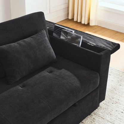 Divano letto reclinabile a due posti con braccioli, contenitore e tasche laterali, con presa di corrente USB.