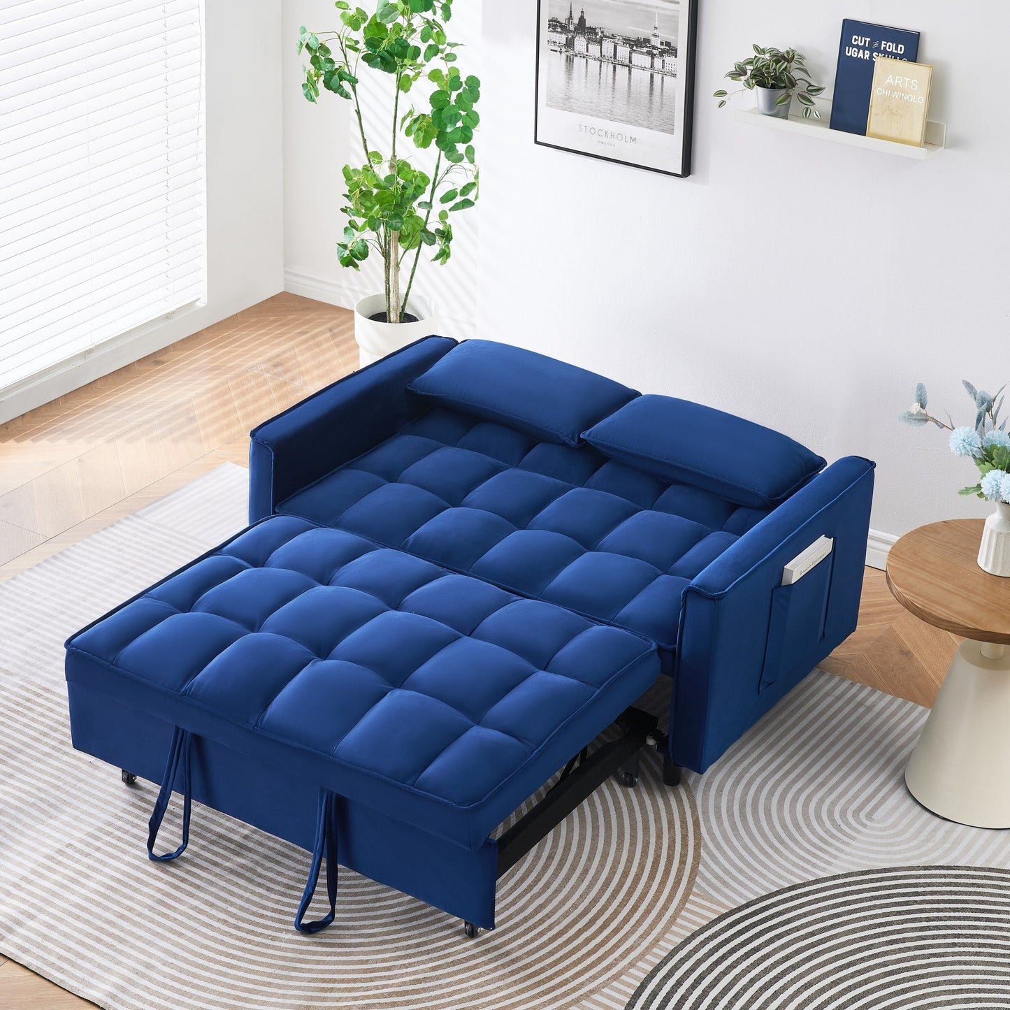 Divano in velluto blu da 55 pollici con tasche, convertibile 3 in 1