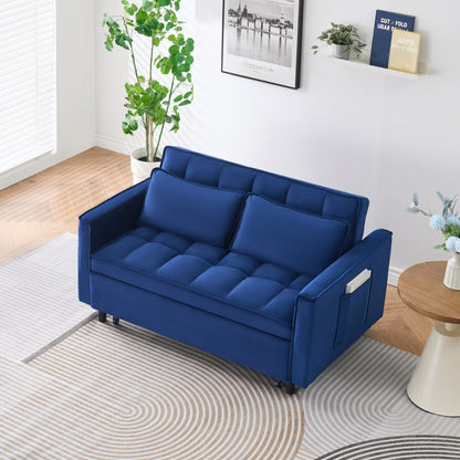 Divano in velluto blu da 55 pollici con tasche, convertibile 3 in 1