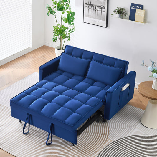 Divano in velluto blu da 55 pollici con tasche, convertibile 3 in 1