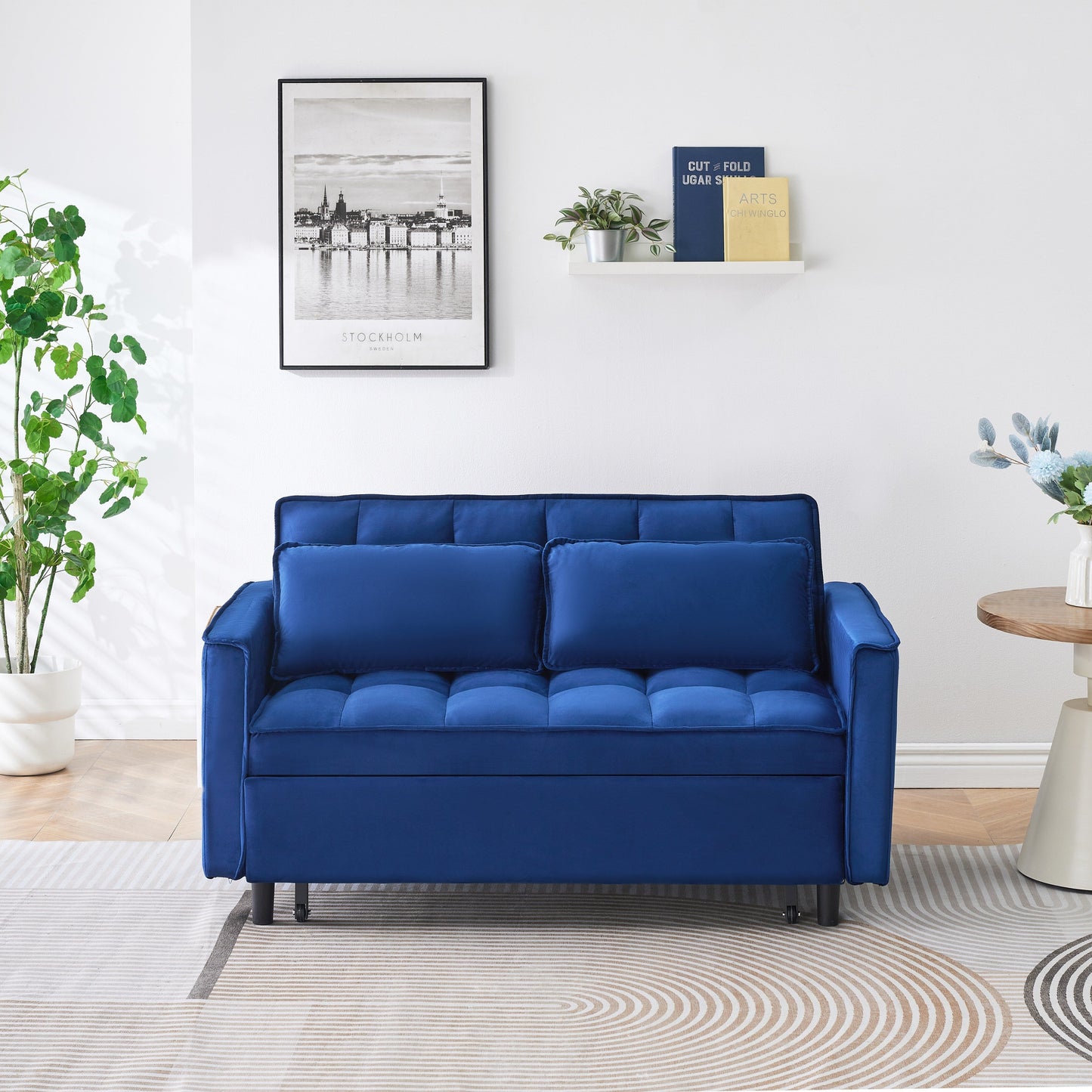 Divano in velluto blu da 55 pollici con tasche, convertibile 3 in 1