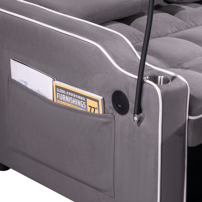 Divano letto pieghevole multiposizione in pelle scamosciata 55.11 con porta di ricarica USB, supporto girevole per telefono e posacenere