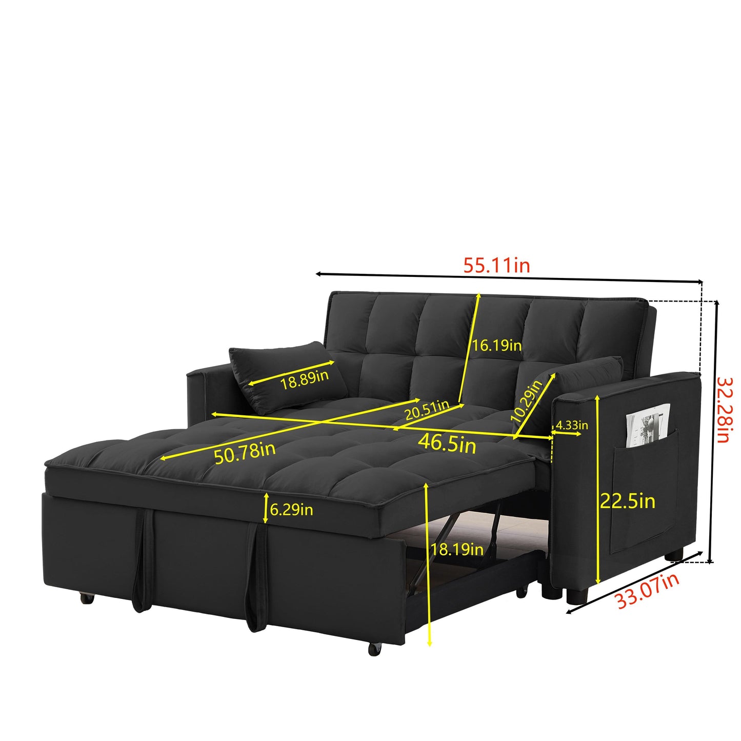 Divano letto convertibile 2 in 1 in velluto 55.2 con schienale regolabile