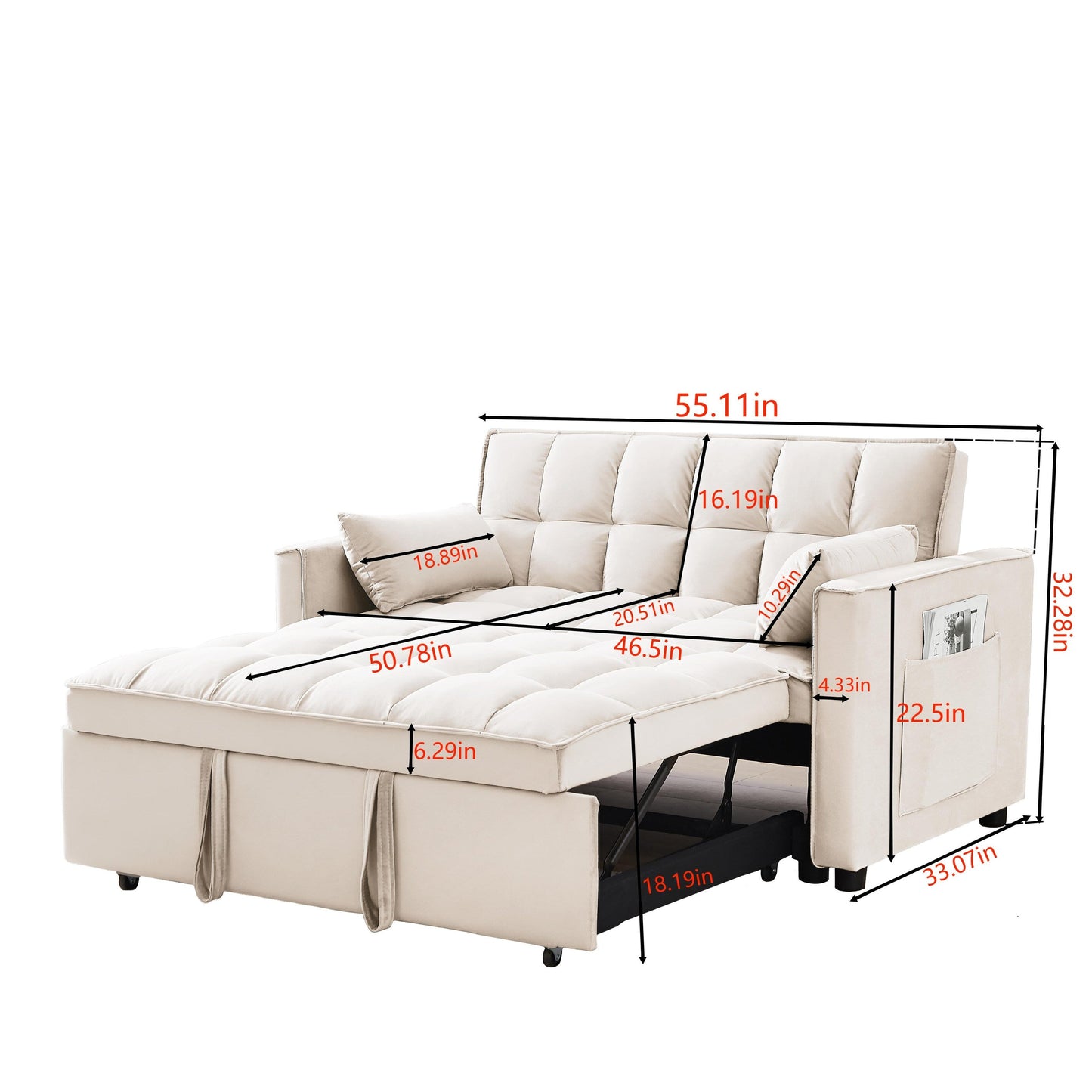Divano letto convertibile 2 in 1 in velluto 55.2 con schienale regolabile