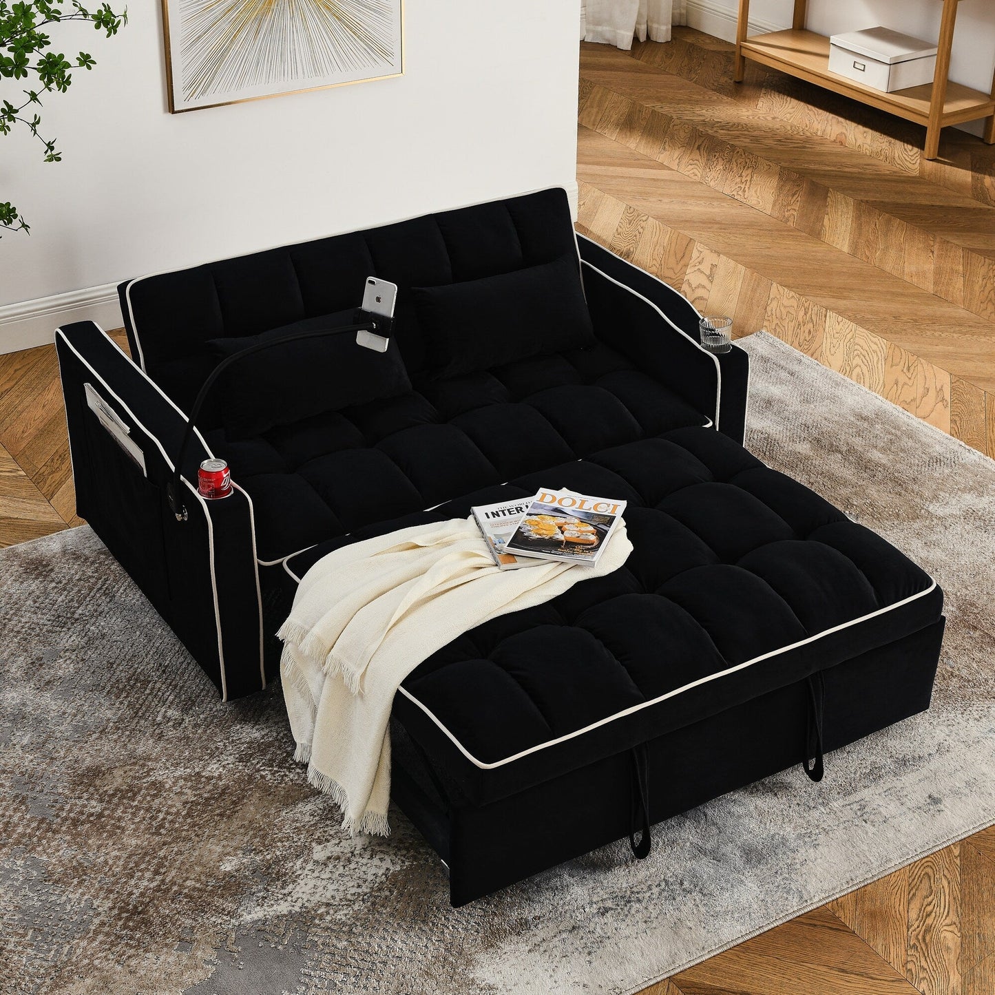 Divano letto a 2 posti in velluto da 55,51 pollici con schienale regolabile, porta USB, posacenere, supporto girevole per telefono e 2 cuscini