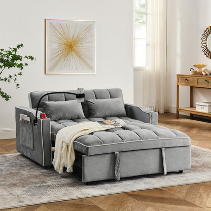 Divano letto a 2 posti in velluto da 55,51 pollici con schienale regolabile, porta USB, posacenere, supporto girevole per telefono e 2 cuscini
