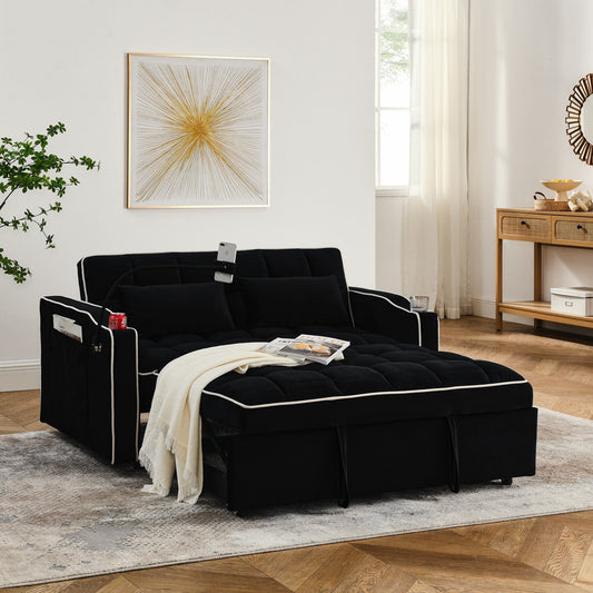 Divano letto a 2 posti in velluto da 55,51 pollici con schienale regolabile, porta USB, posacenere, supporto girevole per telefono e 2 cuscini