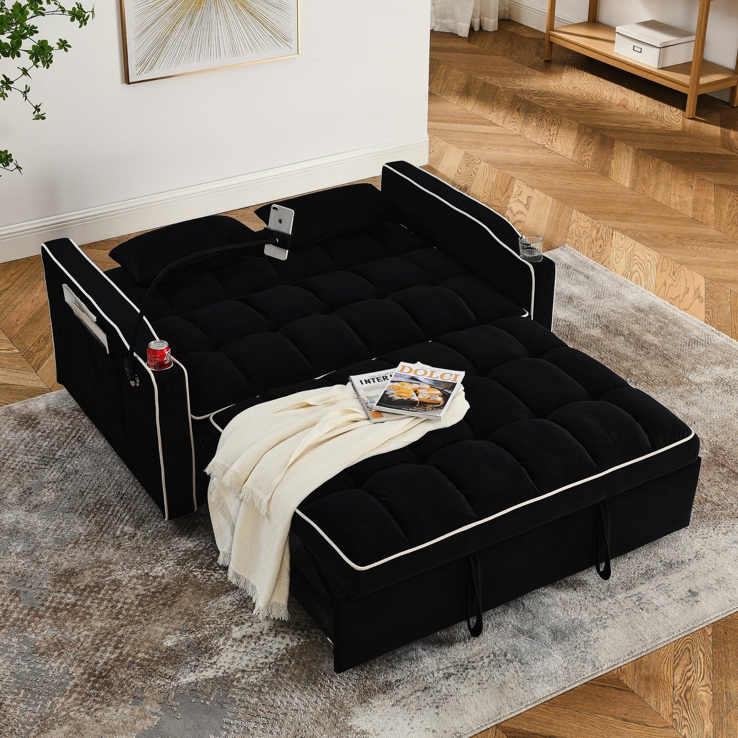 Divano letto a 2 posti in velluto da 55,51 pollici con schienale regolabile, porta USB, posacenere, supporto girevole per telefono e 2 cuscini