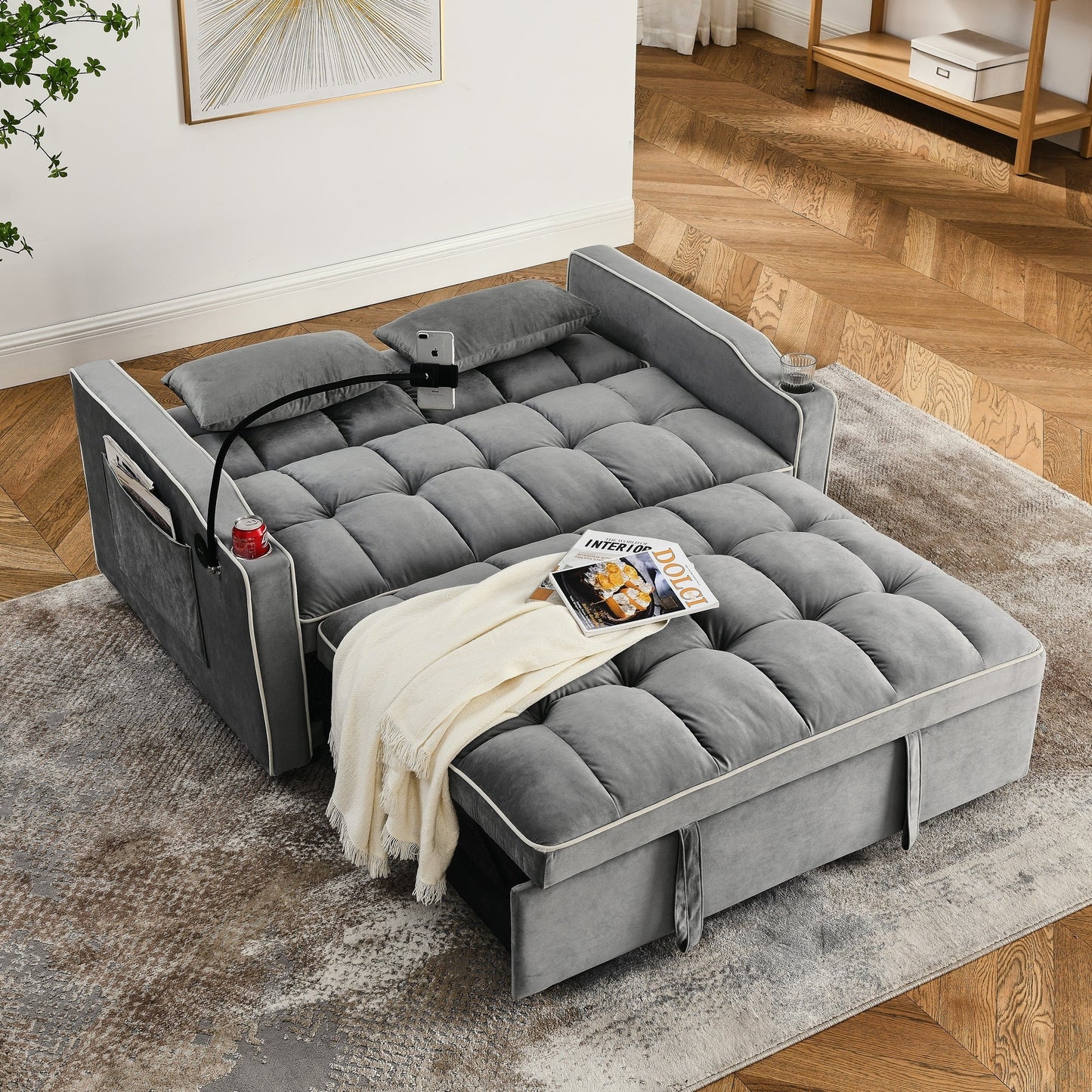 Divano letto a 2 posti in velluto da 55,51 pollici con schienale regolabile, porta USB, posacenere, supporto girevole per telefono e 2 cuscini