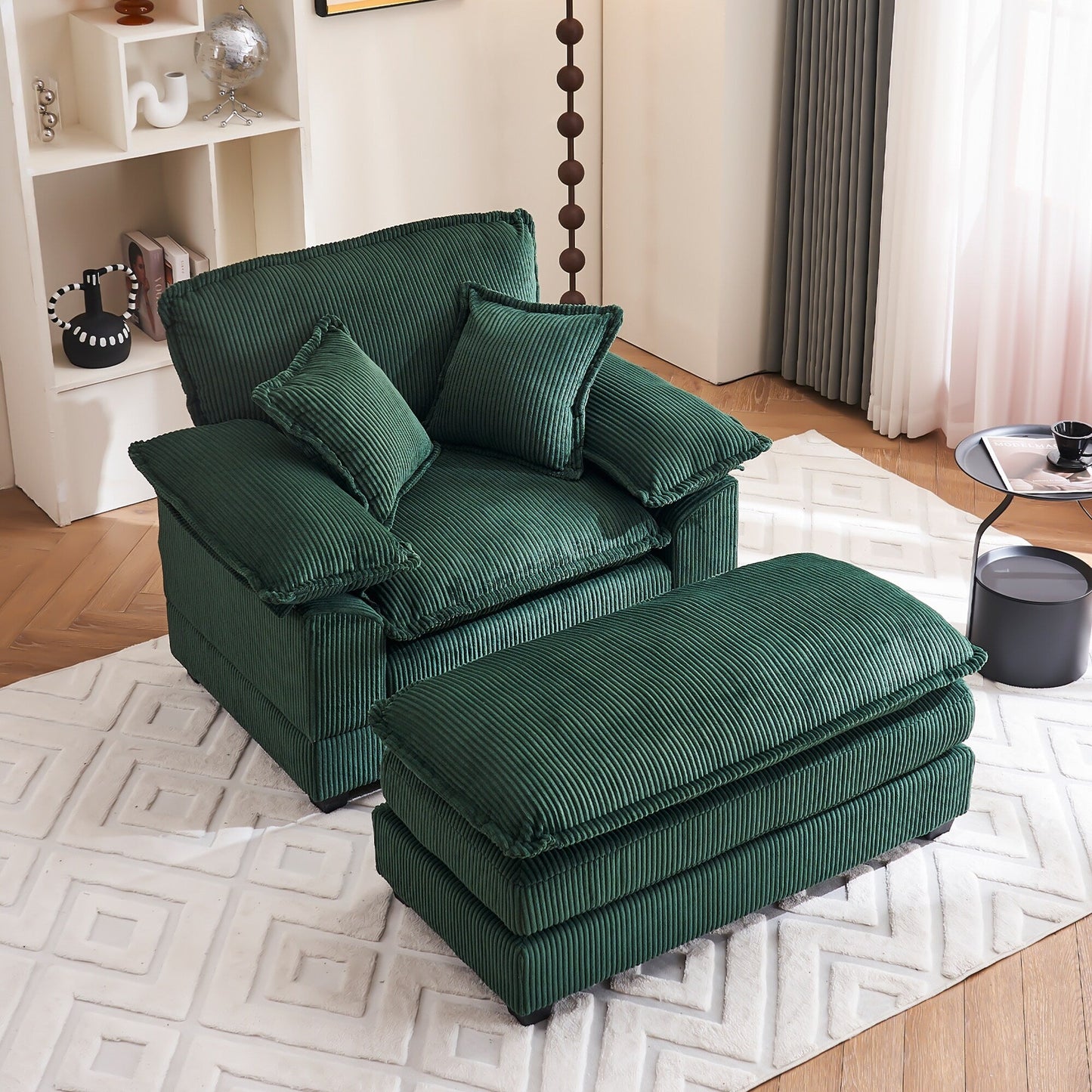 Poltrona oversize da 56,9 W con pouf, poltrona da lettura per camera da letto, divano letto girevole, divano reclinabile singolo moderno oversize