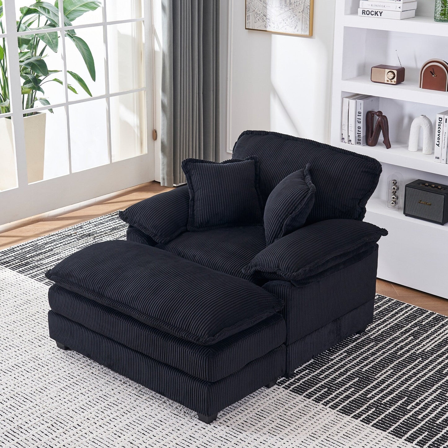 Poltrona oversize da 56,9 W con pouf, poltrona da lettura per camera da letto, divano letto girevole, divano reclinabile singolo moderno oversize